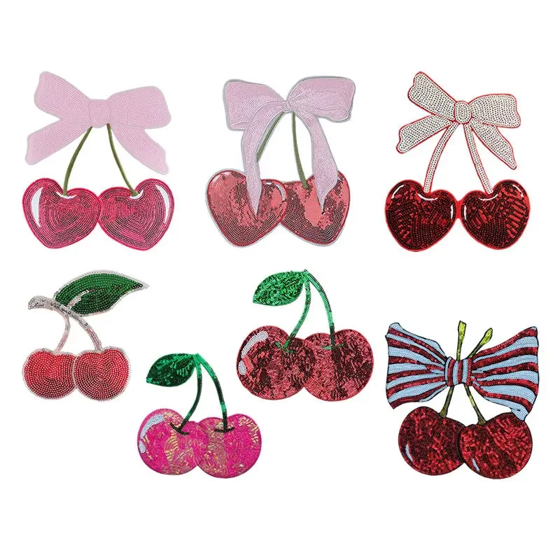 Large Size Cherry Red Sequins Ironing Patch Bow Patch Embroidered Sewing Sticker Sequined Fruit Badge for T-Shirt Clothes - Image 2