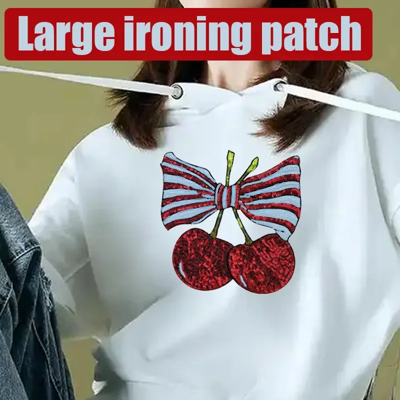 Large Size Cherry Red Sequins Ironing Patch Bow Patch Embroidered Sewing Sticker Sequined Fruit Badge for T-Shirt Clothes